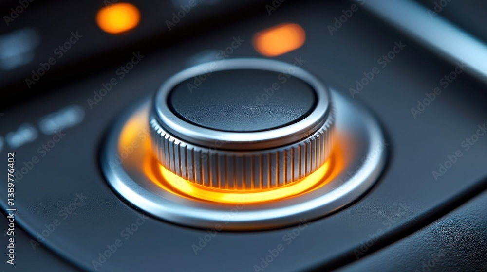 Poster close-up of a car's illuminated control knob. detailed view of the dial, glowing light, and surround