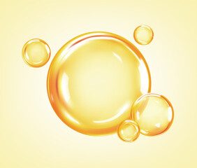 Transparent golden liquid bubbles. Golden yellow bubble oil or serum isolated on yellow background. Concept skin care cosmetics solution