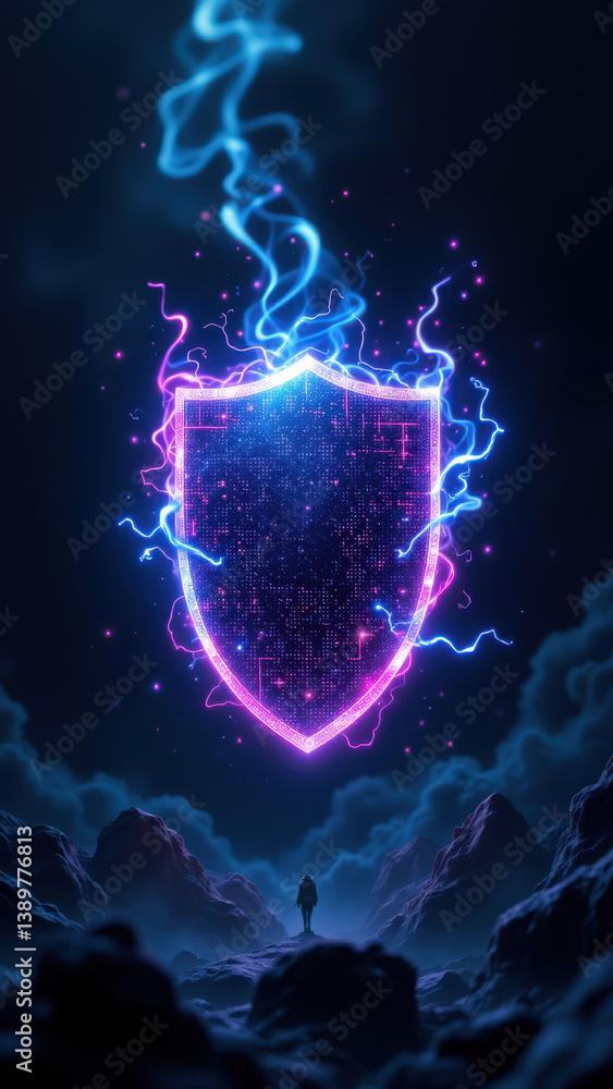 Poster an eye-catching digital art piece featuring a futuristic shield with an intricate circuit design and