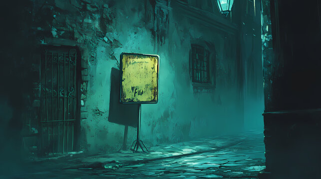 Silent echoes linger in the shadows, an old sign softly fades, a once-vibrant venture now rests in the dust of dreams and forgotten hopes. Echoing Loss. Illustration