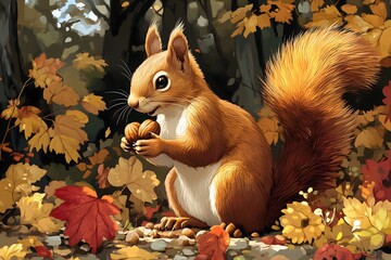 Fototapeta premium Squirrel gathering nuts in a colorful autumn forest filled with fallen leaves and trees