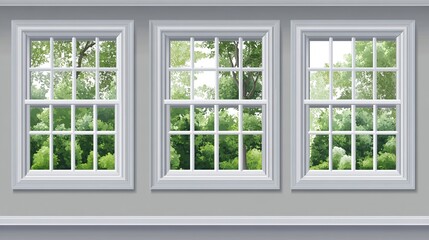 3 windows with white frames on the gray wall, illustration of three large windows in a row, greenery visible through the windows, Home interior design of a modern room, fresh feel.