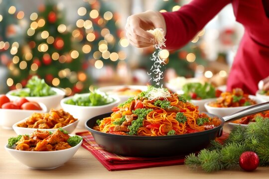 Hombre a&ntilde;ade queso rallado a la pasta caliente en un ambiente festivo