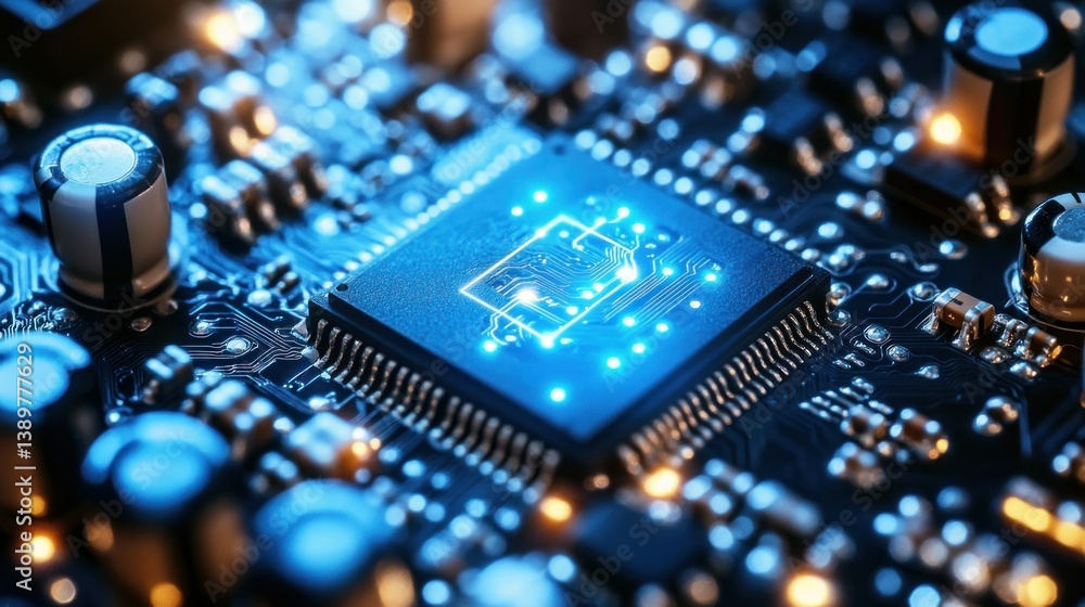 Poster close-up of a circuit board with a central processor chip, highlighted with glowing blue light