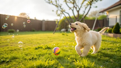 Golden retriever puppy playing with a colorful ball and bubbles in a sunny backyard on green grass