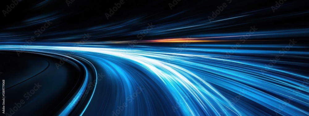 Poster bright blue light trails swirl through the darkness creating a mesmerizing display of speed and moti