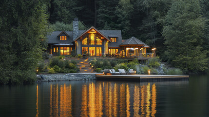 Obraz premium Luxury lakeside house with private dock and glowing reflections at dusk