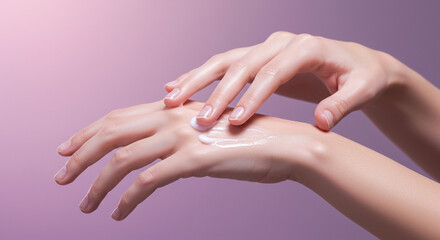 Fototapeta premium Close-Up Hand Gesture Applying Skincare Lotion on Hand – Minimal Beauty Shot