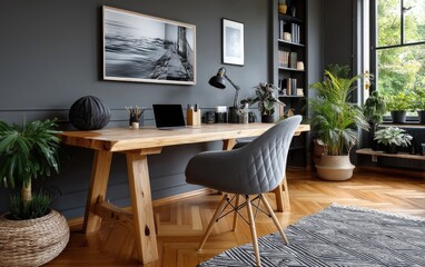 Black and gray home office interior with a wooden desk, chair, black wall with a poster, wood floor with a rug, gray walls