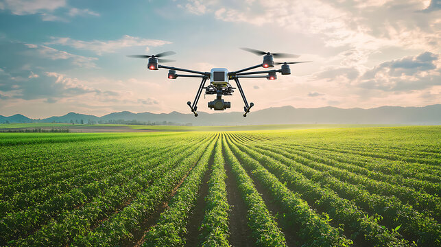 An AI powered precision agriculture drone, autonomous drones flying over fields, analyzing crop health and applying targeted pesticides and fertilizers