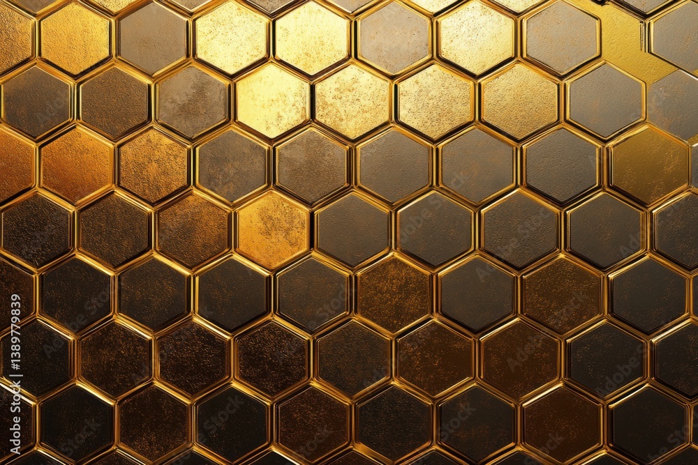Poster Structured hexagonal honeycomb pattern featuring a golden gradient with modern organic design elements