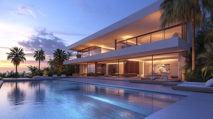Fototapeta premium Modern luxury home with infinity pool and palm trees at sunset