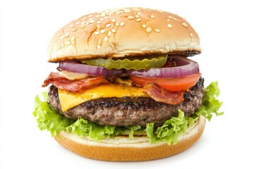 Juicy bacon cheeseburger with sesame bun crisp lettuce melted cheese juicy patty red onion pickles