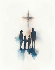 Family Holding Hands Silhouette Beneath Cross Graphic Illustration Hope Faith