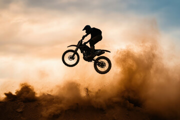 Silhouette of motocross rider mid-air, dust cloud, dramatic sky, extreme sports action