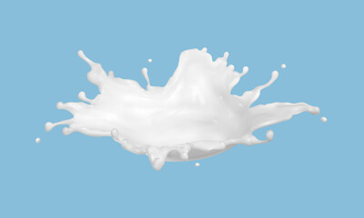 Milk splash isolated on blue background. Natural dairy product, yogurt or cream splash with flying drops. Realistic Vector illustration