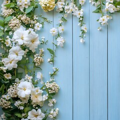 Light garden flowers arranged on a light blue wooden table, top view