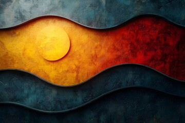 Obraz premium A painting of a sun and waves with a red and yellow background. The painting has a warm and calming mood, with the sun representing hope and the waves representing the ebb and flow of life