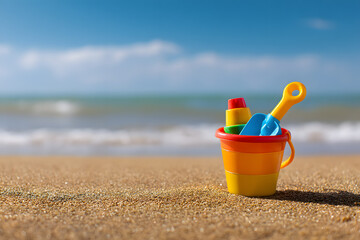 Colorful plastic bucket and spade toy set on a sunny beach with clear ocean waves and a bright summer horizon.