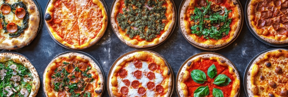 Poster colorful overhead view of pizzas in a vibrant chessboard pattern showcasing various toppings and sau