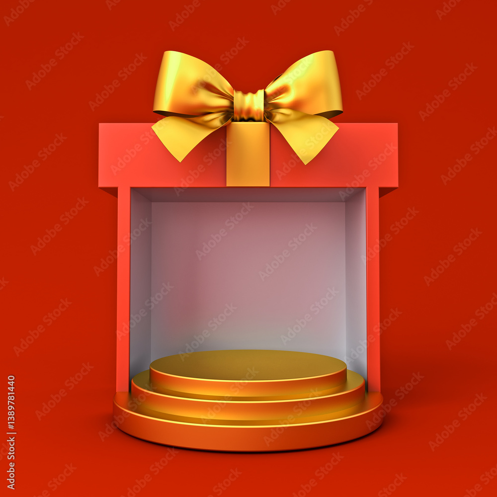 Leinwandbilder blank round gold podium pedestal in red exhibition booth gift box product display mockup showcase st