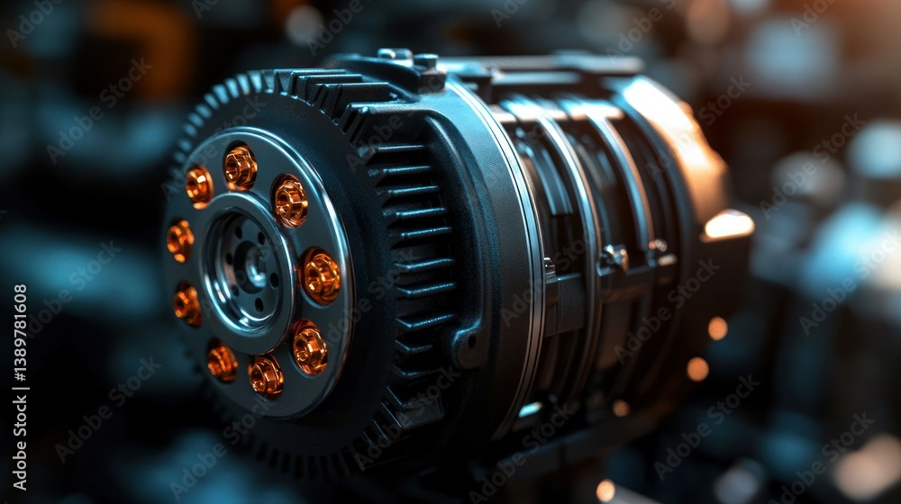 Aufkleber close-up of a futuristic engine component. complex intricate machinery with multiple parts. high-tec