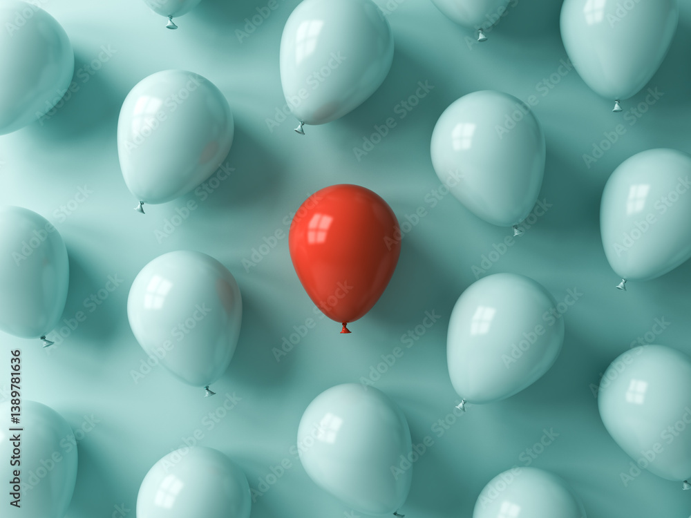 Poster standing out from the crowd and different concepts one red balloon amongs blue pastel color balloons