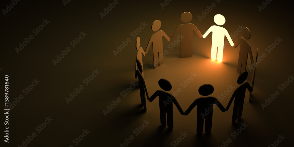 Leinwandbilder group of people holding hands forming circle with one glowing light man standing out from the crowd 