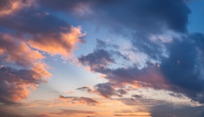 Naklejka premium Toned dramatic sky background. Blue gray sky with orange pink clouds. Cloudscape. Fantastic sunset.