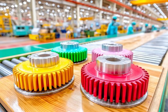 Sistema de engranajes mec&aacute;nicos en una f&aacute;brica moderna con m&uacute;ltiples colores y alta tecnolog&iacute;a