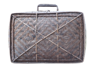 Old brown suitcase with a woven handle sits on transparent background.