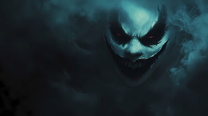 Naklejka premium The ghostly mask, with its hollow eyes and unsettling grin, glows eerily in the dim light, surrounded by thick, creeping fog, adding to the ominous atmosphere. Hollow Fragment. Illustration