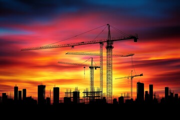 Construcción en gran escala al atardecer con grúas y siluetas de edificios en un sitio industrial