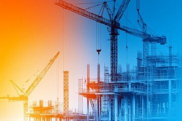 Fototapeta premium Construcción industrial a gran escala en un sitio al atardecer con grúas y estructuras metalizadas