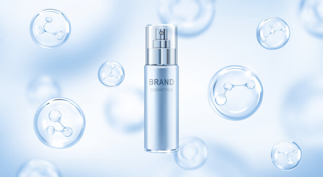 Beauty cosmetic product with molecules. Cosmetic bottle with molecules or atoms. Concept skin care cosmetic solution. Realistic vector