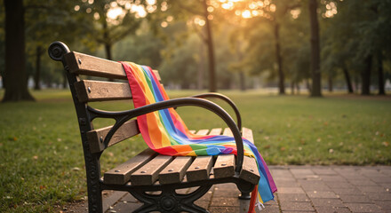 Rainbow flag draped over park bench at sunset  