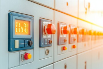Panel de control industrial iluminado en una instalaci&oacute;n tecnol&oacute;gica avanzada durante la tarde