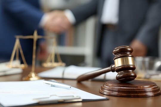Close-up of a judge's gavel on a wooden table with legal documents and scales of justice in the background, blurred image of lawyers shaking hands, concept for law firm, legal services, justice