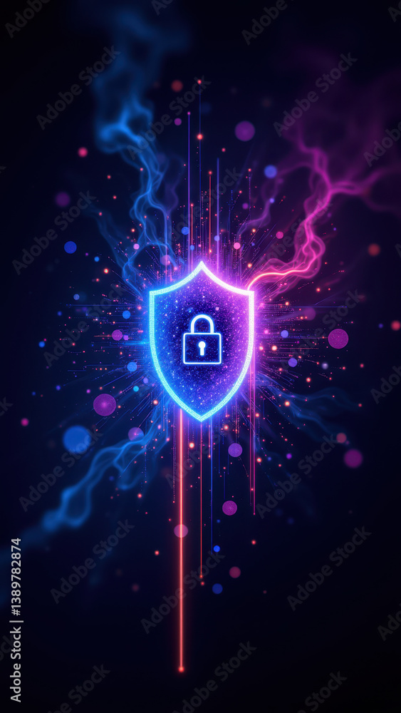 Poster cybersecurity shield with vibrant digital explosion.