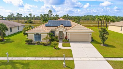 Fototapeta premium Aerial view of single story home with solar panels on the roof and backyard patio visible
