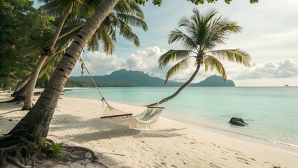 A hammock hanging between palm trees on a tropical beach with mountains in the distance serene view