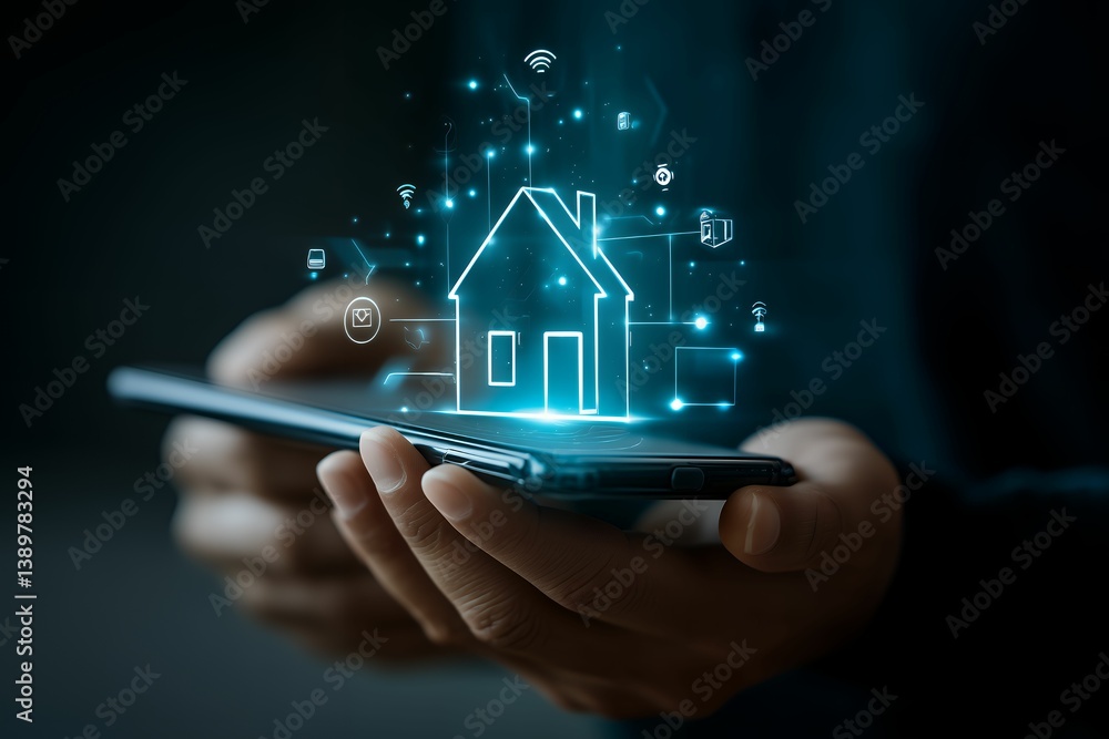 Aufkleber close-up of hands holding smartphone displaying a glowing house icon with digital network connection