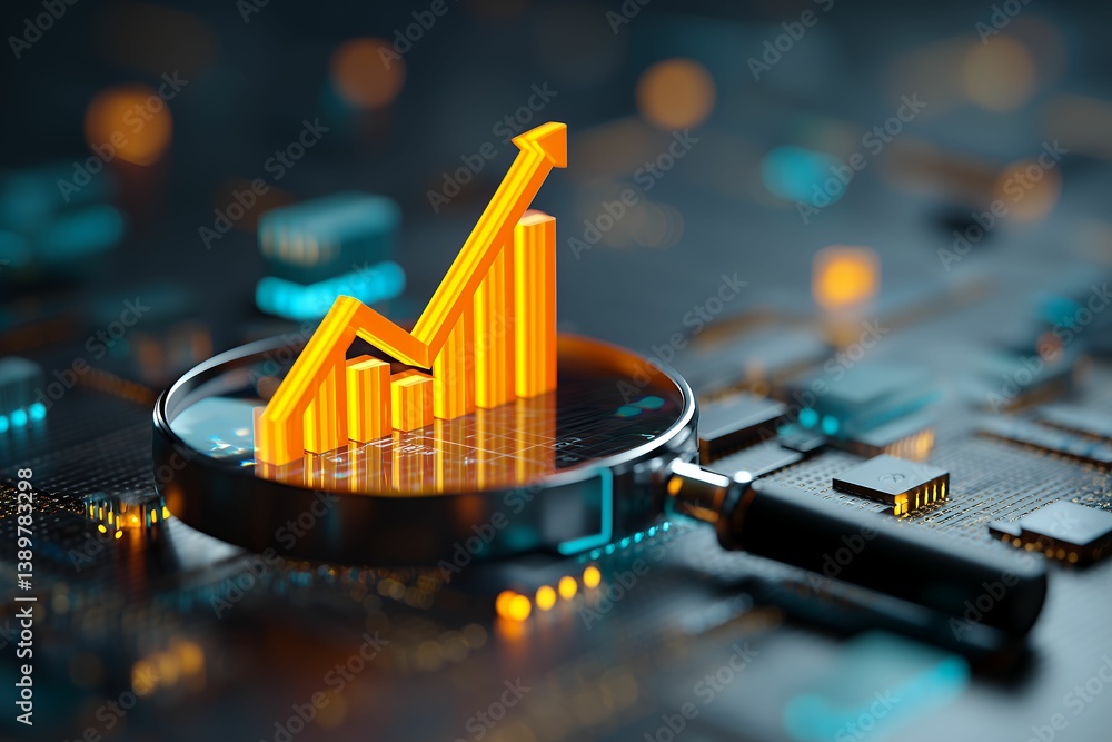 Poster 3d rendering of upward trending bar graph under magnifying glass on circuit board, concept for busin