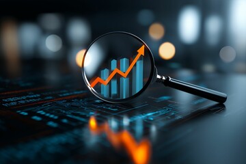 Magnifying glass focusing on a rising bar graph over a digital data background, concept for financial growth analysis and business success visualization