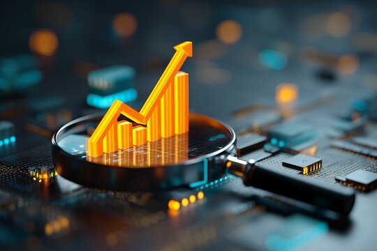 3D rendering of upward trending bar graph under magnifying glass on circuit board, concept for business growth analysis, financial report, and data analytics