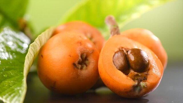 Loquat fruit or Japanese medlars, Nispero, Eriobotrya japonica fresh ripe bio vegetarian food, loquats, medlar berries. Close up. 