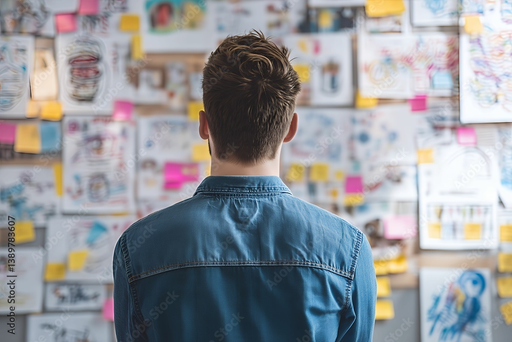 Poster man's back view facing a wall covered in colorful sticky notes and sketches, concept for brainstormi