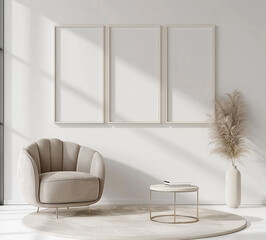 Modern Living Room with Three Black Frame Wall Art Mockups