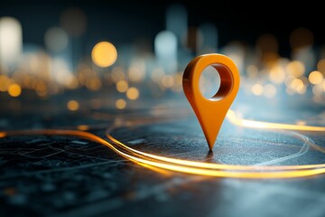 Orange location pin marker on a dark city map with glowing lines, concept for navigation apps, GPS, travel, and location-based services