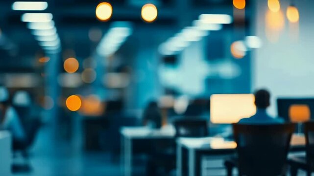 An abstract view of a vibrant office setting with multiple workers. The warm lighting adds depth, suggesting a busy yet cozy atmosphere. The scene blends technology and human presence.